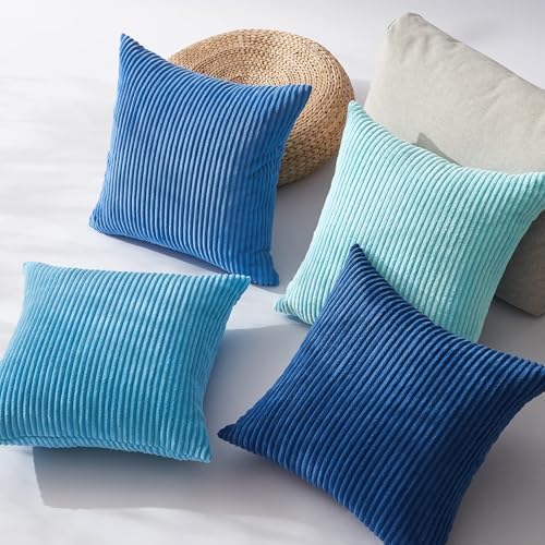 Topfinel Blue Throw Pillow Covers 18x18 Inch Set of 4,Soft Accent Corduroy Decorative Cushion Cover,Square Modern Pillow Case for Beach,Patio,Balcony,Living Room,Summer Gradient Shams Home Decor - Image 4