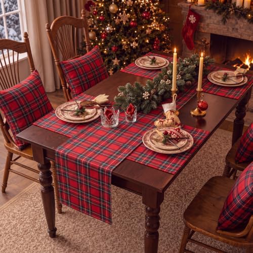 7 Pcs Christmas Tartan Plaid Table Runner and Placemat Set, Red - Image 5
