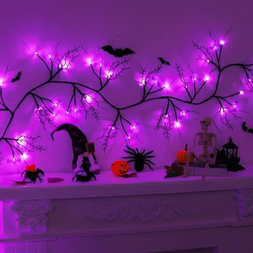 9 FT 72 LED Halloween Willow Vine Twig Decor Garland With Bats Purple Lights - Timer & 8 Modes - Battery Operated Lights for Indoor Decorations, Home, Mantle, Fireplace - Image 3
