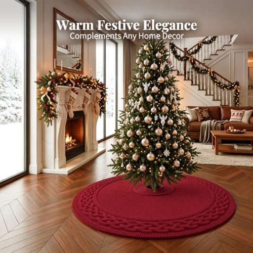 VOXOR 60 Inch Christmas Tree Skirt, Extra Large Chunky Knitted Tree Skirt with Bow Tie Closure, Burgundy Vintage Tree Skirts for 9 & 10 Feet Trees, Farmhouse Christmas Decorations for Home Living Room - Image 4