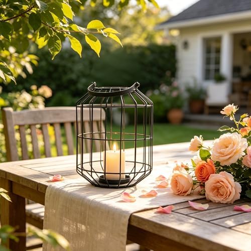 Black Metal Cage Candle Lantern, 10.6" Hanging Pillar Candle Holder, Rustic Farmhouse Lantern Decor for Indoor Outdoor, Vintage Lantern with Handle for Home Wedding Patio Christmas - Image 7