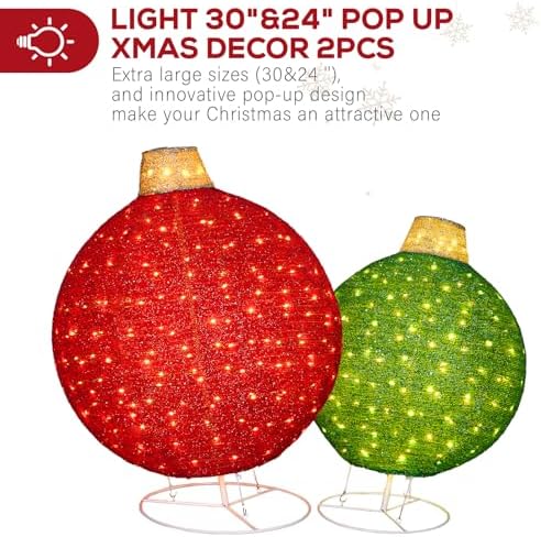 Hykolity 2 Pack 30" & 24" Pop-Up Iron Christmas Ornament Set, 230 Warm White LEDs with UL Transformer, 8 Light Functions & 18H Timer, Red & Green - Image 3
