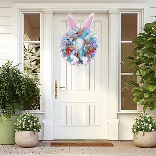 Easter Wreaths for Front Door with Lights,Easter Door Wreath,Easter Mesh Wreath,Bunny Spring Colorful Easter Decorations Holiday Ornament for Home Indoor Outdoor Supplies (Blue Bunny Butt) - Image 4