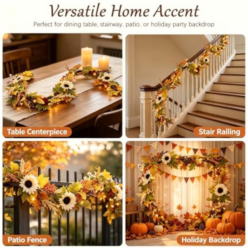 6FT Fall Garland with Lights, Artificial Sunflower Pumpkin Berry Pinecone Daisy Vine, Thanksgiving Autumn Harvest Home Decor for Mantle Porch Table Centerpiece - Image 7