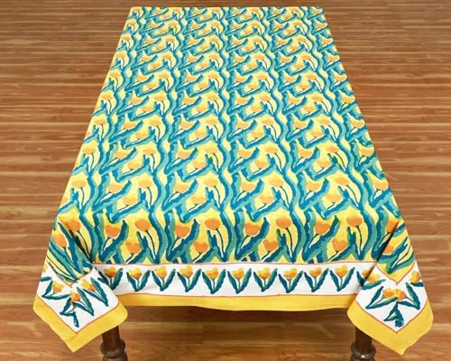 72x160 Inches Rectangle Hand Block Printed Cotton Tablecloth, Yellow Blue Floral Table Cloths Washable, Indian Table Linen For Halloween Christmas Outdoor Thanksgiving Gifts Home Decor Dinning Outdoor - Image 2