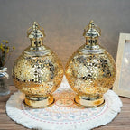 TRIROCKS Ramadan Lanterns Set of 2 10" Gold Electric Candle Holders with Timer, Metal Decorative Vintage Lanterns for Indoor/Outdoor Decor, Perfect EID Mubarak Gift - Image 4