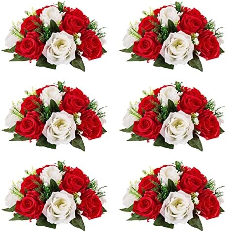 NUPTIO Pcs of 6 Fake Flower Ball Arrangement Bouquet,15 Heads Plastic Roses with Base, Suitable for Our Store's Wedding Centerpiece Flower Rack for Parties Valentine's Day Home Décor (Red & White) by Nuptio