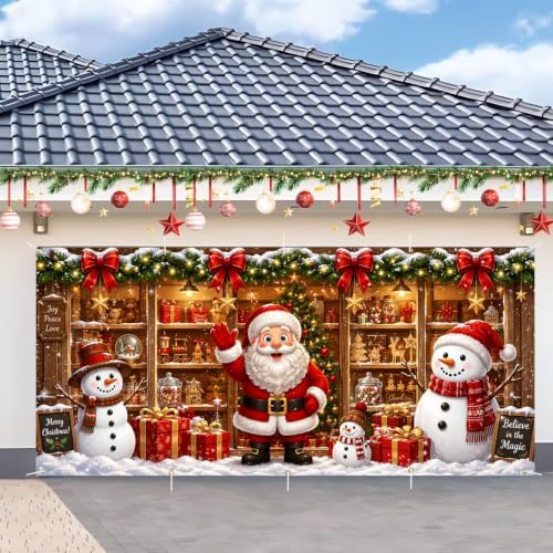 7x16FT Christmas Santa Claus Snowman Garage Door Cover Decorations Merry Christmas Garage Door Banner for Outdoor Indoor Christmas Decorations Party Photography Backdrop by ANNAQUEEN