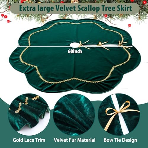 Arrowbash Green 60 Inch Christmas Tree Skirt Velvet Scallop Ddge - Image 5
