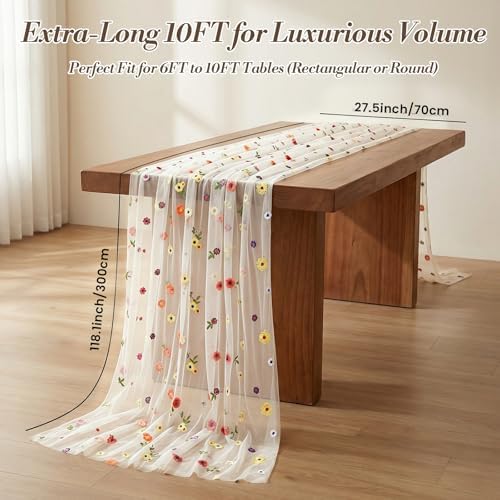 White Floral Table Runner ,4Pack 10ft Embroidered Flower Tulle for Wedding Reception, Boho Wildflower Daisy Table Decor for Spring Party - Image 4
