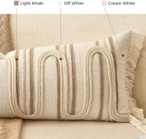 Beige Boho Lumbar Pillow Cover 14x36 with Handmade Drawn Work - Image 3