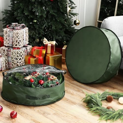 4 Pack Wreath Storage Container, 24 Inch Christmas Wreath Storage Box with Clear Window and Handles Upgrade Oxford Cloth Garland Bags with Dual Zipper for Xmas Wrapping, Green - Image 5