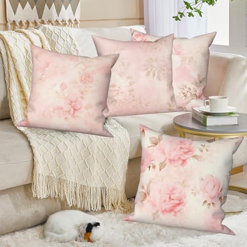 Pink Flower Throw Pillow Covers 22''x22'' Set of 4, Decorative Floral Cushion Covers Vintage Printed Botanical Pillowcases for Couch Sofa Bedroom Farmhouse Livingroom Garden Patio Car - Image 4