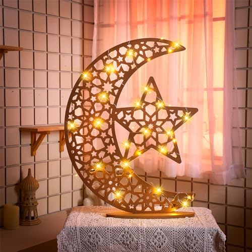 DoubleFill Eid Mubarak Ramadan Crescent Moon Star Light 27.56 x 20.67 Inches LED Wooden Ramadan Mubarak Decoration Eid Gift for Home Bedroom Floor Yard Lawn Islamic Outdoor Decor(Classic) - Image 5