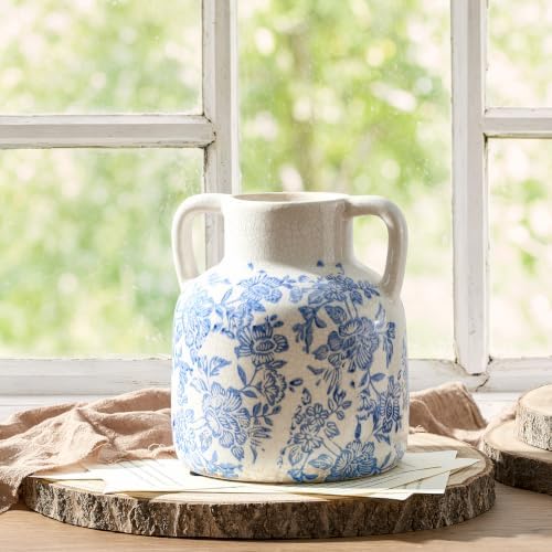 Ceramic Vase with Handles, Vintage Utensil Holder, Flower Decorative Vase Chinoiserie Decor Rustic Farmhouse Retro Floral Vases for Table Bookshelf Mantel Kitchen Living Room Office - 6.7” Blue 017 - Image 4