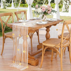 Fanqisi Beige Pearl Table Runner Floral Tulle Gauze Runner 10FT 4 Pack - Image 4