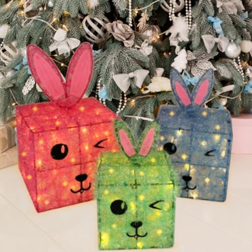 Christmas Lighted Gift Boxes Set of 3, Bunny Light Up Pink Blue Green Boxes Holiday Décor for Home Yard, Battery Operated Prelit 80 Lights Present Box Lighted Display 8 Modes & Timer by Meetjoyancy