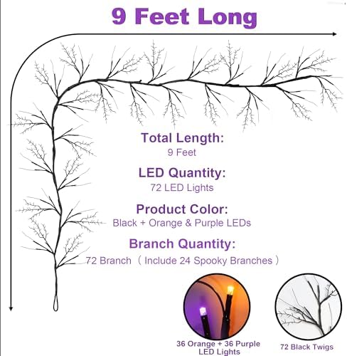 Timer & 8 Modes 9 FT 72 LED Willow Vine Twig Decor Garland with Orange & Purple Lights, Battery Operated Indoor Halloween Decor for Home Mantle Fireplace - Image 6
