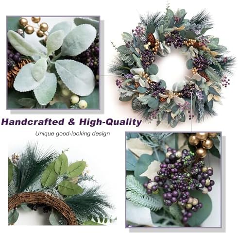Winter Wreaths for Front Door, Soomeir Artificial Winter Door Wreath with Snow Leaves, Pine Needles and Blueberry Berries, for Home Window Indoor Outdoor Decor Decorations - Image 3