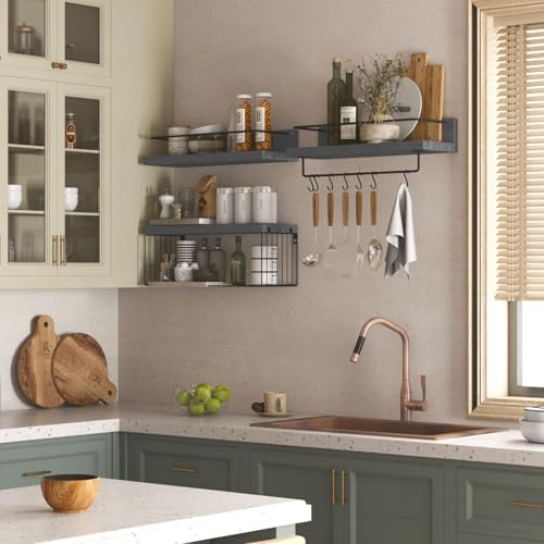 PopiShelves Bathroom Shelves Over Toilet for Wall, Floating Shelves with Storage Basket Paper Holer for Kitchen Living Room, Bedroom & Classroom, Set of 3 (Grey) - Image 2
