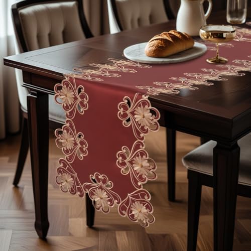 Decozen Gold Lace Red Table Runner - European Embroidery Dresser Decor Scarf for Home, Kitchen, Dining, and Wedding - 14 x 108 Inches - Valentines Day Decor - The Imperial Red Collection - Image 3