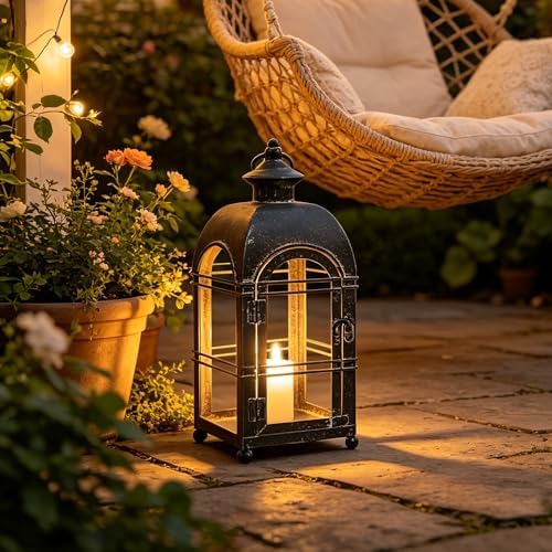 Vintage Farmhouse Metal Candle Lantern - 14 Inches Rustic Distressed Black Lanterns Indoor & Outdoor Decor Hanging Candle Holder Lantern for Garden Front Porch Patio Wedding Christmas (No Glass) by Unknown