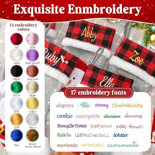 Personalized Christmas Stockings with Embroidered Name & Monogram,Custom 3D Xmas Character Stocking 3 Pack 18” Large,Santa,Snowman & Reindeer Fireplace Hanging Red Burlap Plaid Stockings(F) - Image 4