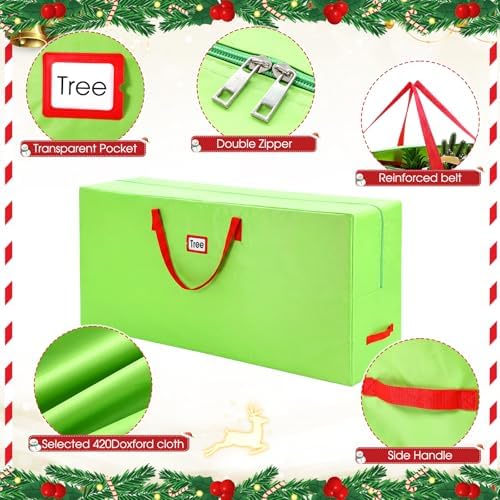 9 ft Christmas Tree Storage Bag Heavy Duty 420D Oxford Artificial Christmas Tree Bag with Reinforced Handles Dual Zippers Card Slot Wide Opening Extra Large Storage Container, Green - Image 3