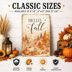 Decorative Tin Sign Watercolor Metal Tin Sign Hello Fall Mountain Forest Autumn Leaves Pumpkins Seasonal Wall Decor for Living Room Entryway Cabin 12×16 Inches with Metal Frame - Image 2