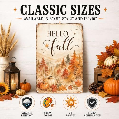 Decorative Tin Sign Watercolor Metal Tin Sign Hello Fall Mountain Forest Autumn Leaves Pumpkins Seasonal Wall Decor for Living Room Entryway Cabin 12×16 Inches with Metal Frame - Image 2