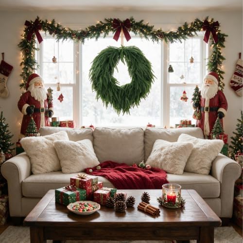 28" Norfolk Pine Christmas Wreath for Front Door – Large Artificial Greenery Wreath for Wall, Porch, or Indoor Outdoor Holiday Decor – Real Touch Pine Foliage (1, 28") - Image 7