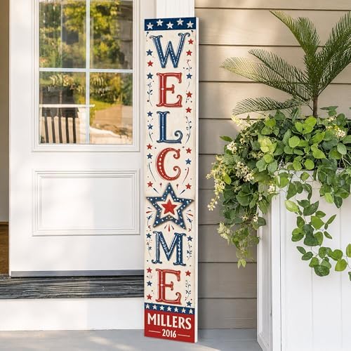 48x8" Custom 4th of July Welcome Porch Sign, Personalized Patriotic Porch Decor for Independence Day, Standing Welcome Sign for Front Door, PVC, Design 5 by BasicFundamentals