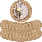 Aneco 24 Pack 13.8-Inch Round Woven Placemats Natural Hand-Woven Boho Rattan Wicker Bulrush Placemat Farmhouse Rustic Braided Table Mats for Dining & Kitchen Decor by Aneco