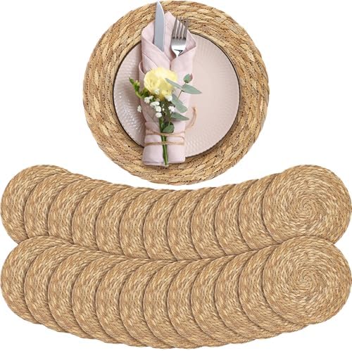 Aneco 24 Pack 13.8-Inch Round Woven Placemats Natural Hand-Woven Boho Rattan Wicker Bulrush Placemat Farmhouse Rustic Braided Table Mats for Dining & Kitchen Decor by Aneco