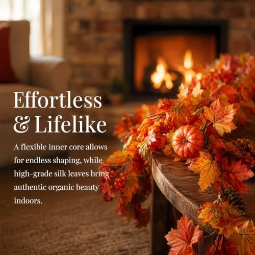 6FT Artificial Maple Leaf Garland, Fake Autumn Fall Vine Garland with Realistic Maple Leaves, Thanksgiving Halloween Harvest Fall Decor for Indoor Outdoor Porch Mantle Fireplace Table Home Decoration - Image 5