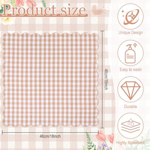 SmoothNovelty 24 Pack Buffalo Plaid Cloth Napkins 18x18 Inch Checkered Cloth Napkins Scalloped Soft Cotton Table Mat Washable Reusable for Dinner Wedding Holiday Birthday Parties (Classic,Khaki) - Image 2