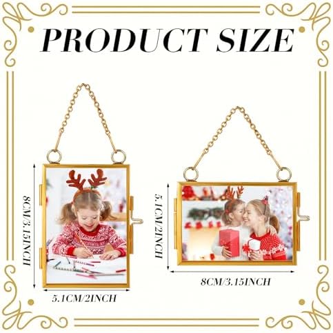 Qunclay 6 Pcs 2x3” 3x2” Christmas Brass Picture Frame Ornaments Xmas Metal Double Glass Hanging Photo Frame with Metal Chain for Christmas Tree Decorations(Gold) - Image 2
