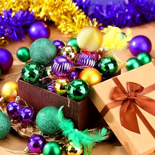 Lunmon 64 Pcs Mardi Gras Christmas Ornaments Purple Yellow Green Xmas Bulbs - Image 2