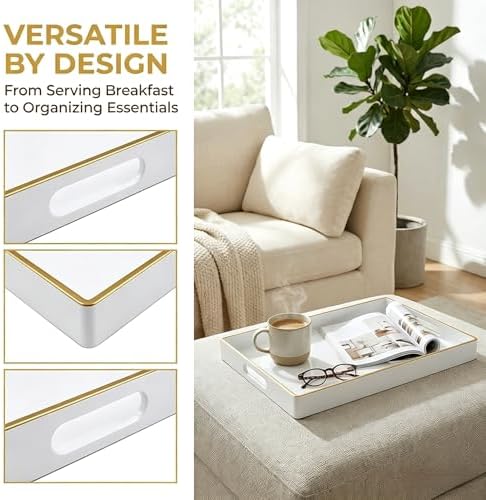 Large White Rectangular Decorative Tray – Plastic Serving Tray with Handles for Coffee Table, Ottoman, Living Room, 15.7” x 11.8” x 1.6 - Image 5