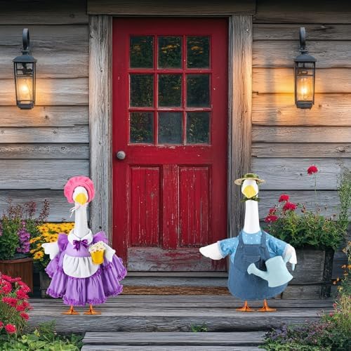 Abbylike 2 Set Spring Porch Goose Outfits Gardener Goose Clothes Purple and Blue for 23" Cement Plastic Geese with Flower Pot and Watering Can Summer Duck Costume for Patio Lawn Outdoor Patio Decor - Image 5