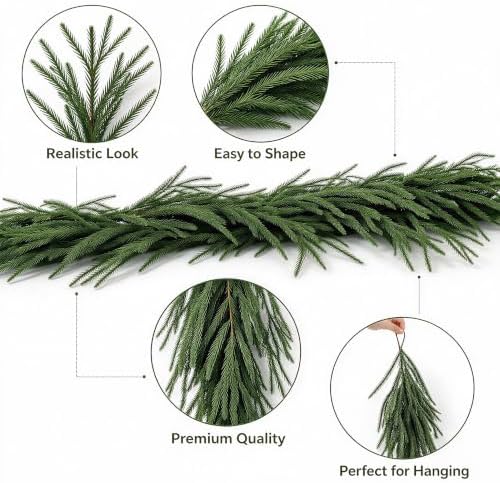 Artificial Christmas Pine Garland with Lights, 6 FT Faux Evergreen Garland with 9 Pine Cones and 9 Red Berries, Holiday Greenery for Mantel, Staircase, Fireplace, Doorway, 1 Piece - Image 3