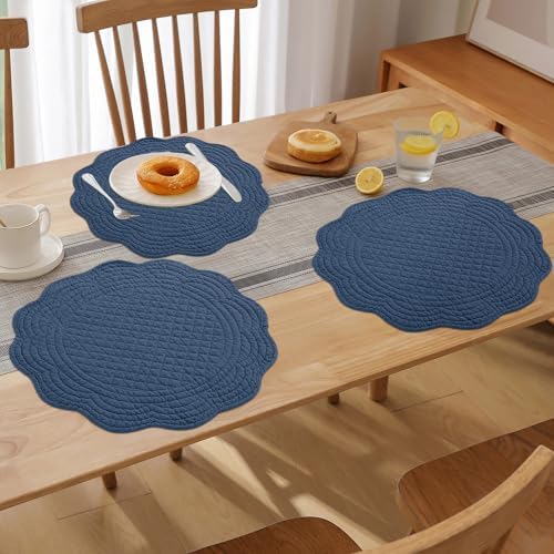 HOMBYS Quilted Placemats Set of 6 Washable Round Placemats for Kitchen Table-100% Cotton Fabric 14 Inch Round Table Mats, Cotton Fabric with Microfiber Filling, (14"x14", Sapphire Blue) - Image 5