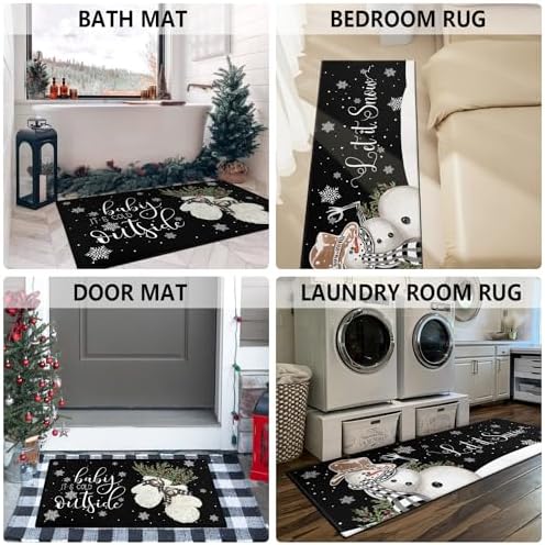 Christmas Kitchen Rugs and Mats Set of 2,Winter Snowman Let It Snow Snowflake Knitted Gloves Xmas Holiday Sink Floor Mat Non Skid Washable for Home Farmhouse Christmas Decor 17"x47"+17"x30" - Image 5
