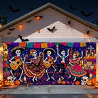 Mexican Day of the Dead Garage Door Banner 7x16ft, Dia de los Muertos Mariachi Skeleton Band Outdoor, Sugar Skull Folklorico Dancing Double Garage Door Cover Tapestry Mural for House Front Holiday - Image 3