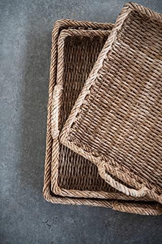 Creative Co-Op Set of 3 Decorative Water Hyacinth & Rattan Trays with Handles, Natural (16", 18" & 20") - Image 5