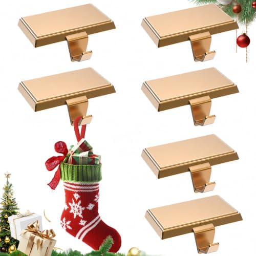 Christmas Stocking Holders for Mantle 6 Pack, Heavy Duty Alloy Fireplace Stocking Hooks, Non-Slip Base Stocking Hangers for Xmas Holiday Decorations, Christmas Decor Hooks for Home (Gold) by DesignedforBoundlessFun