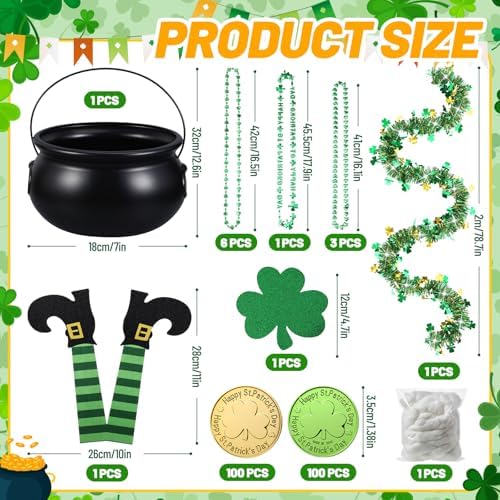 Seenelling 215 Pcs St. Patrick's Day Decoration Pot Set Black Cauldron with Handle Lucky Shamrock Coins Beaded Necklaces Shamrock Tinsel Garland Wood Witch Legs for St. Patrick's Day Party Decor - Image 2