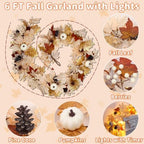 Fall Decor 6FT Lighted Fall Garland with Lights & Timer, Full Autumn Light Up Fall Leaf Mantle Garland with Pumpkin Berries Pinecone, Indoor Fall Thanksgiving Decorations for Home Fireplace Porch Door - Image 2