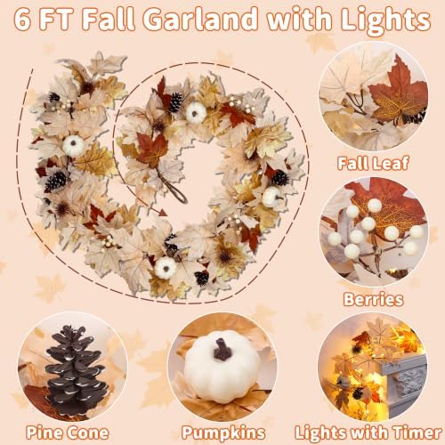 6 FT Lighted Fall Garland with Lights & Timer, Fall Decor Lush Autumn Leaves with Pumpkins, Berries & Pinecones, Pre-Lit Thanksgiving Decorations for Home, Fireplace Mantel & Porch - Image 2