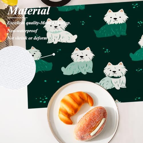 Shrahala Cute Dog in Dark Green Placemats, White Dogs Spots Table Mat Linen Burlap Washable Double-Deck Heat Insulation for Dining/Kitchen Table Set of 8 (12 X 18 Inch) - Image 5